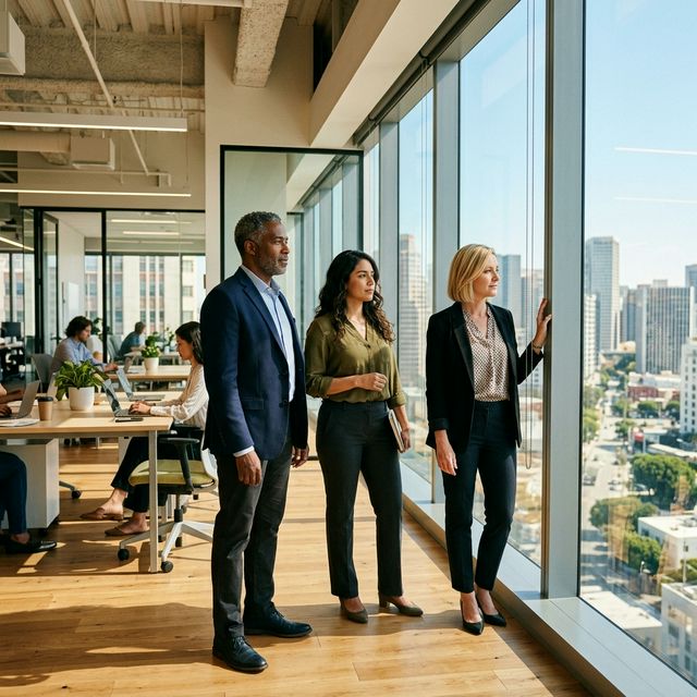 Diverse professionals looking out window on a sunny day